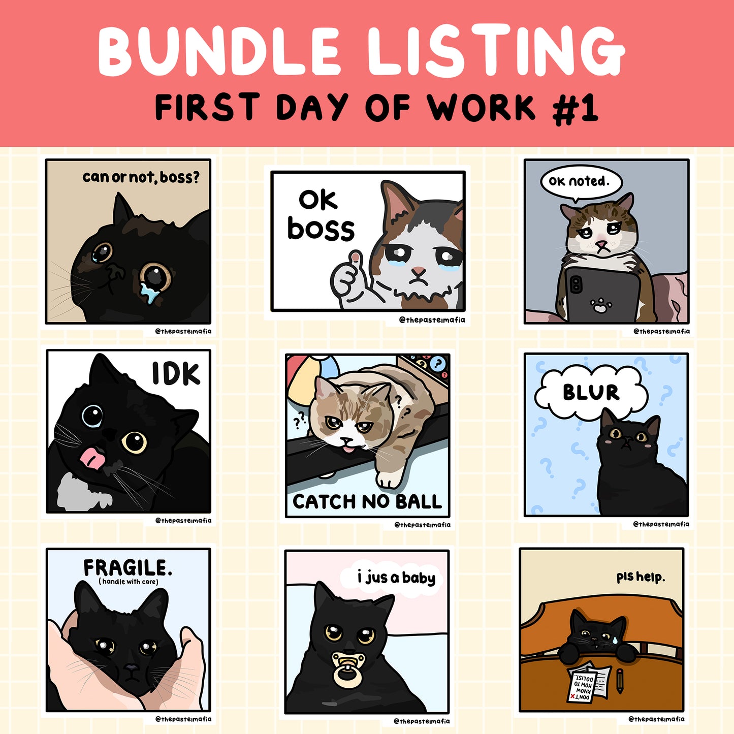 "first day at work" cat meme sticker bundles