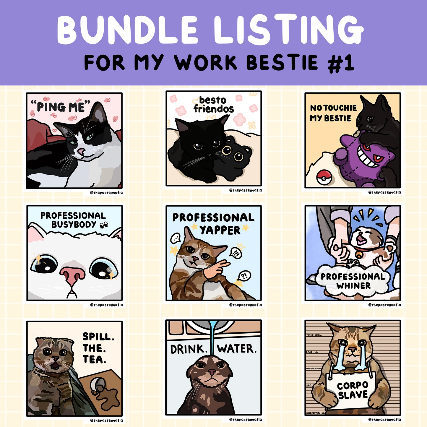 "for my work bestie" cat meme sticker bundles