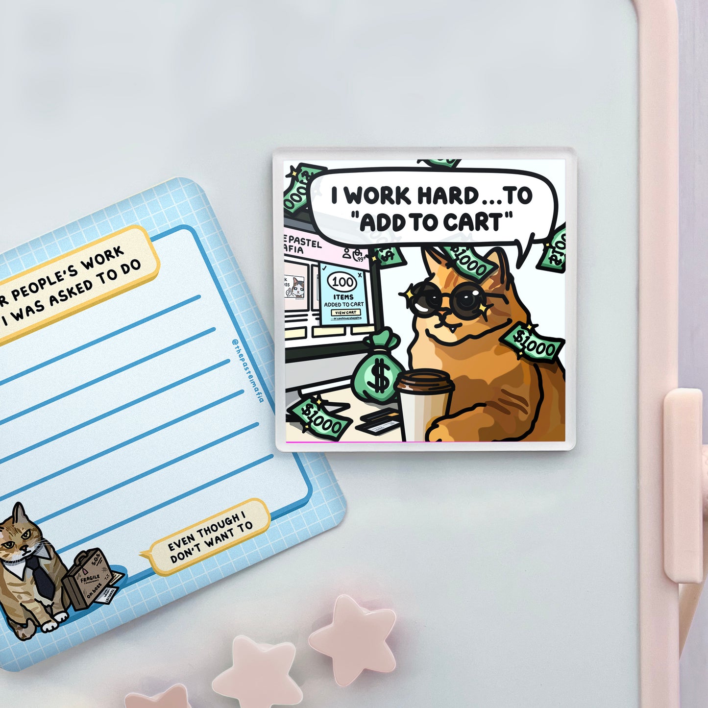 "i work hard to add to cart" acrylic magnet