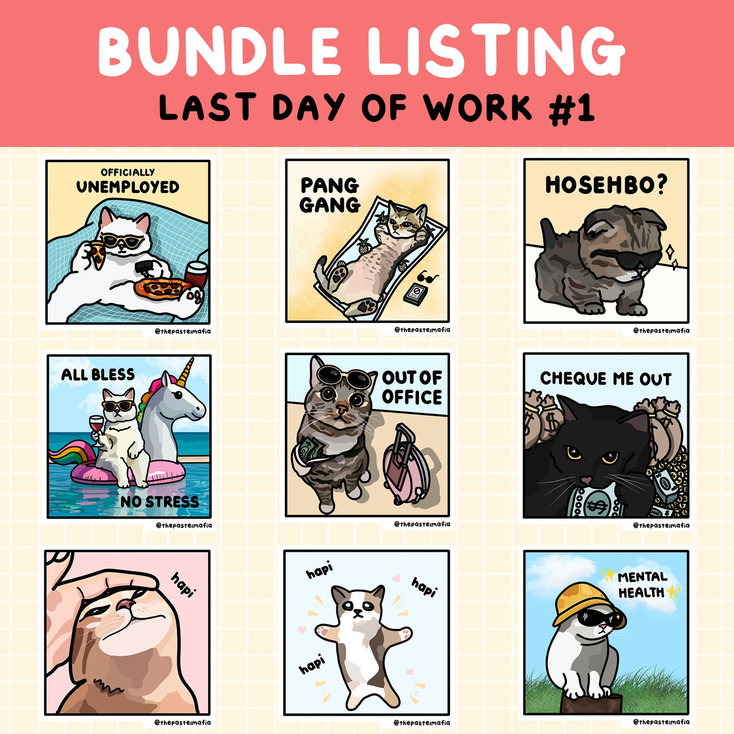 "last day at work" cat meme sticker bundles