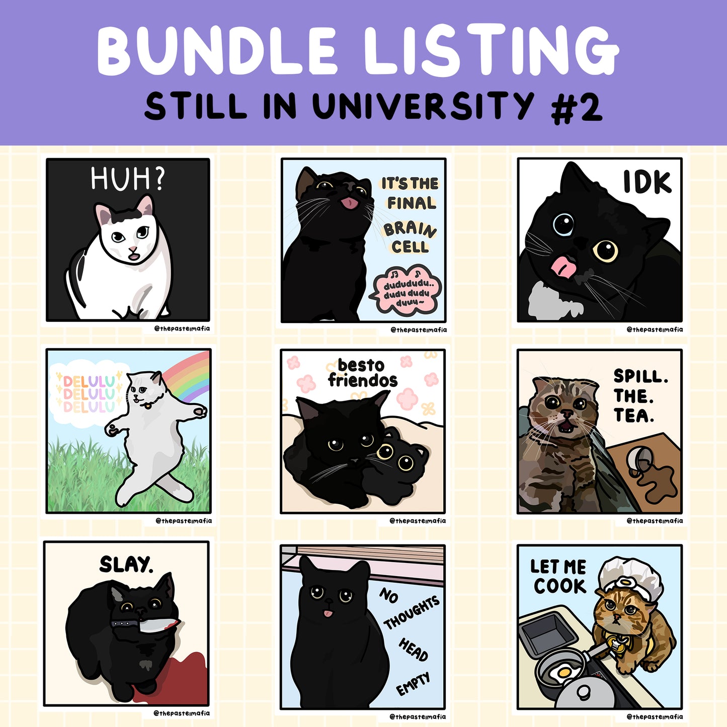 "still in university" cat meme sticker bundles