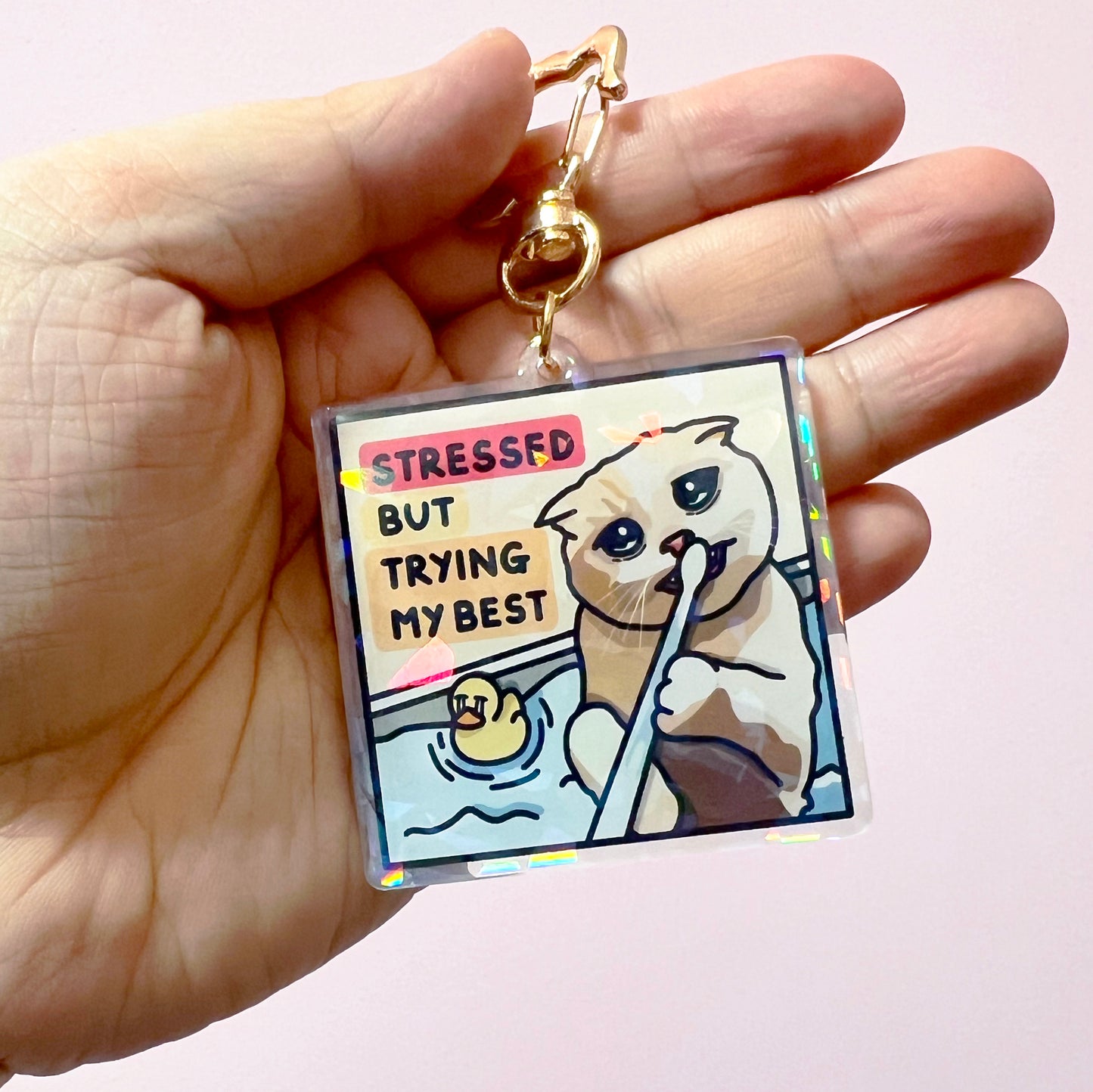 "stressed but trying my best" keychain