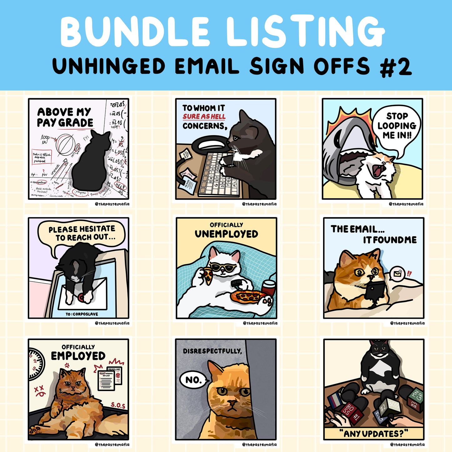 "unhinged email sign-offs" cat meme sticker bundles