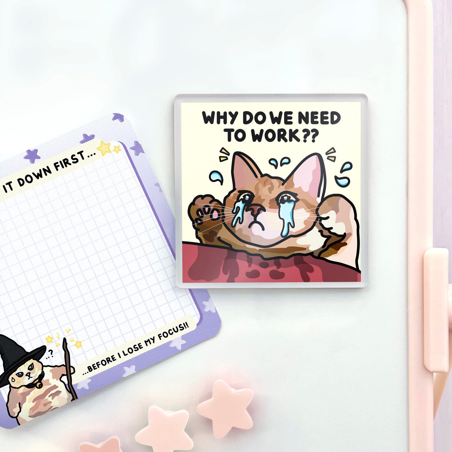 "why do we need to work?" acrylic magnet