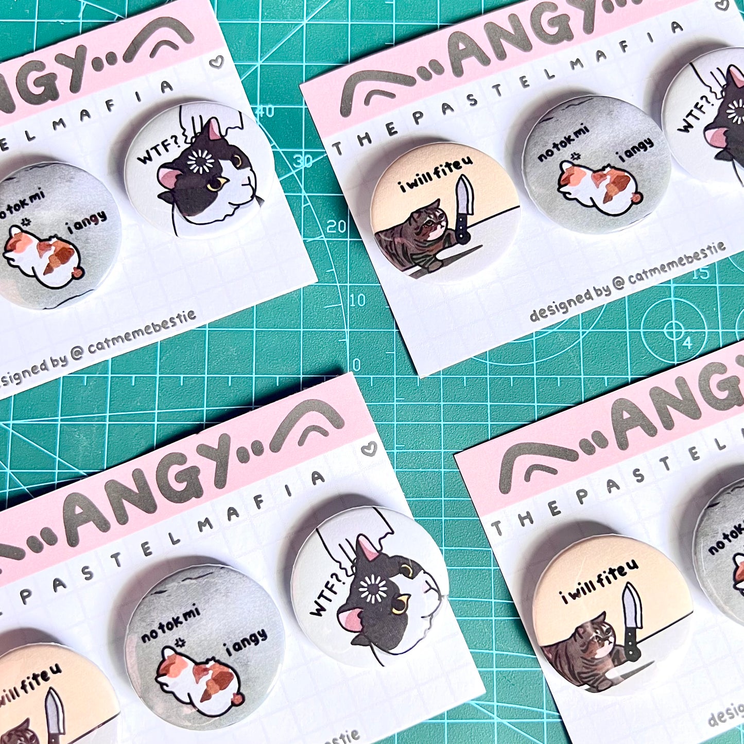 "angy" cat meme button pin set