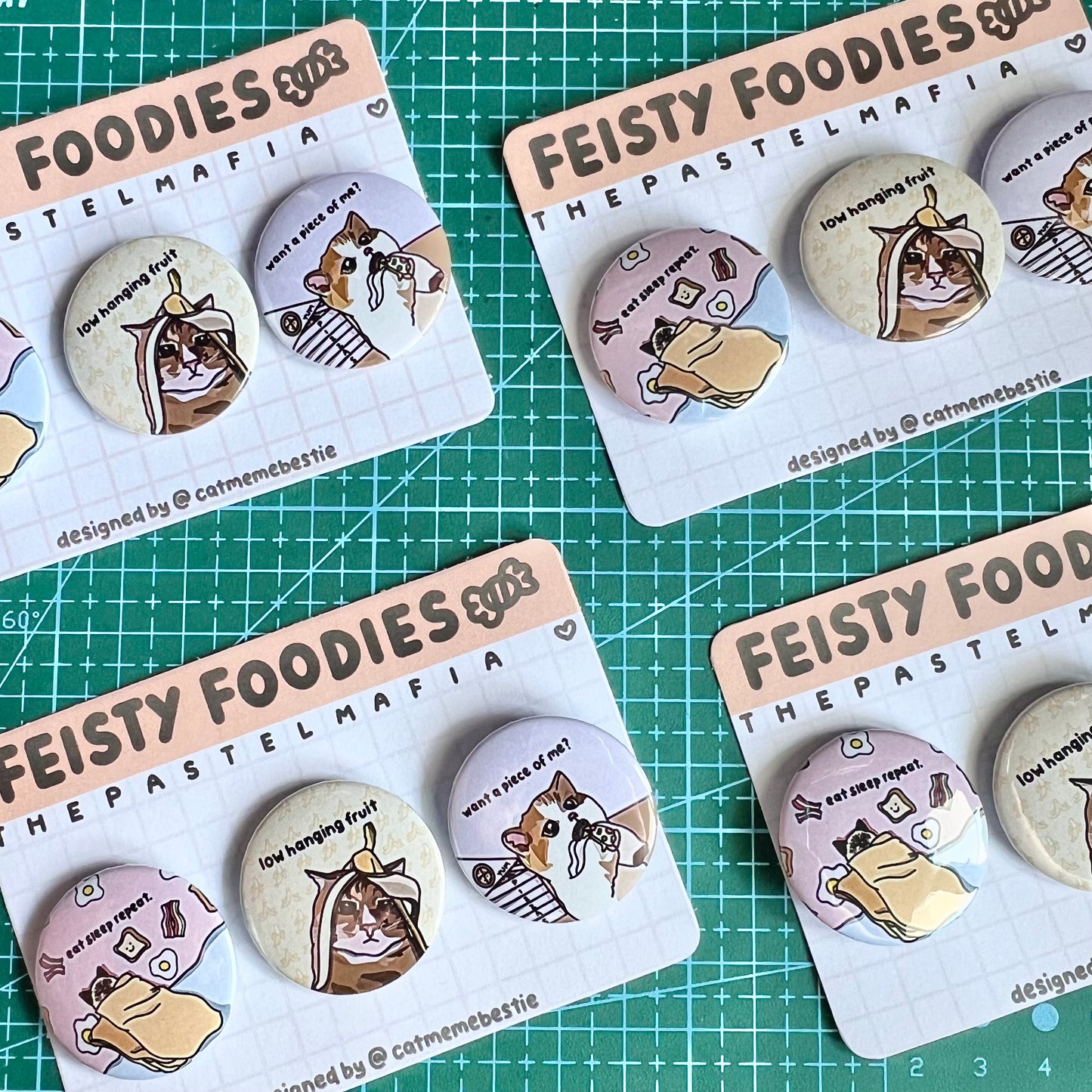 "feisty foodie" cat meme button pin set