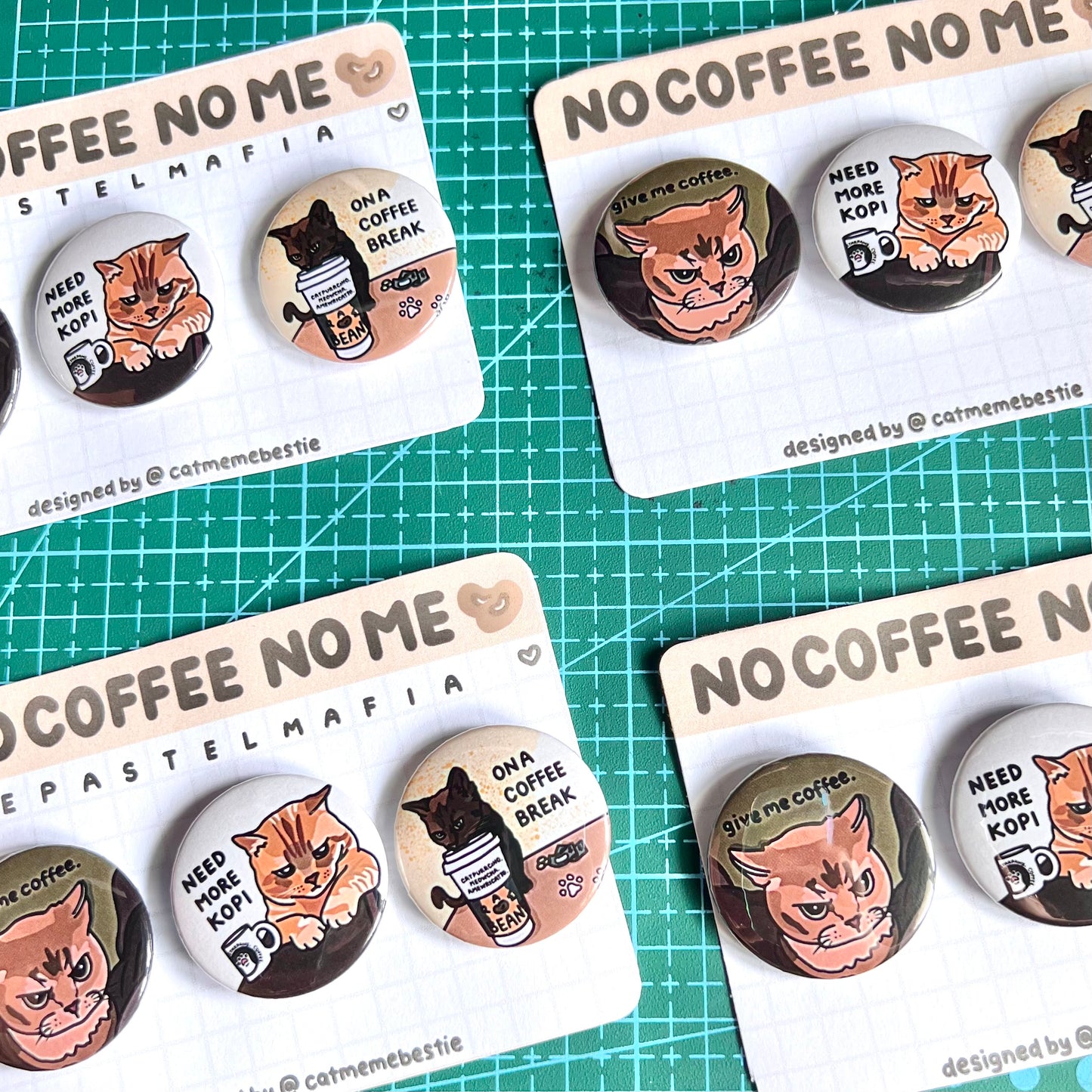 "no coffee no me" cat meme button pin set