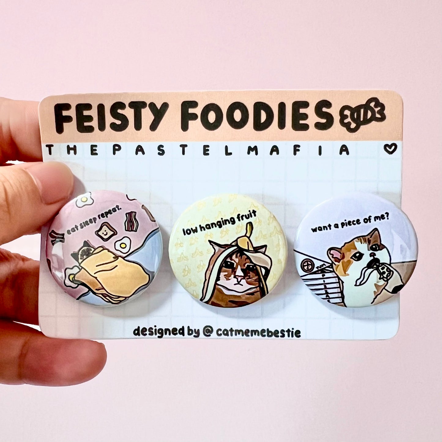 "feisty foodie" cat meme button pin set