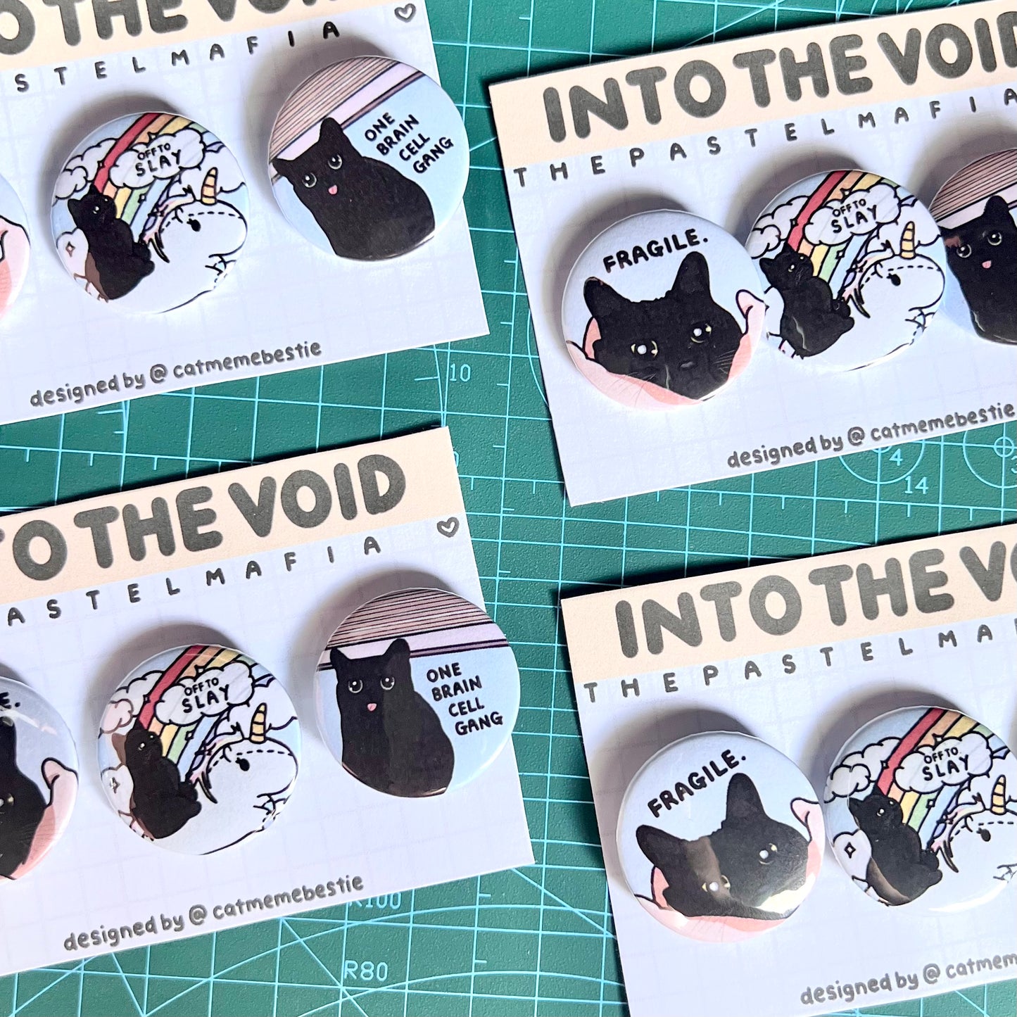 "into the void" cat meme button pin set