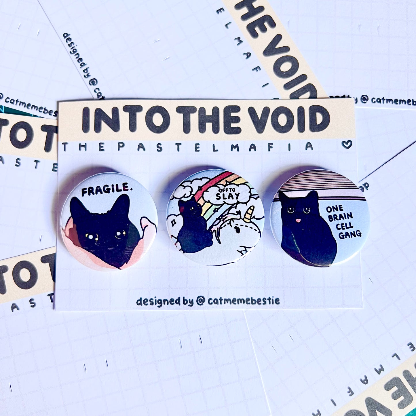 "into the void" cat meme button pin set