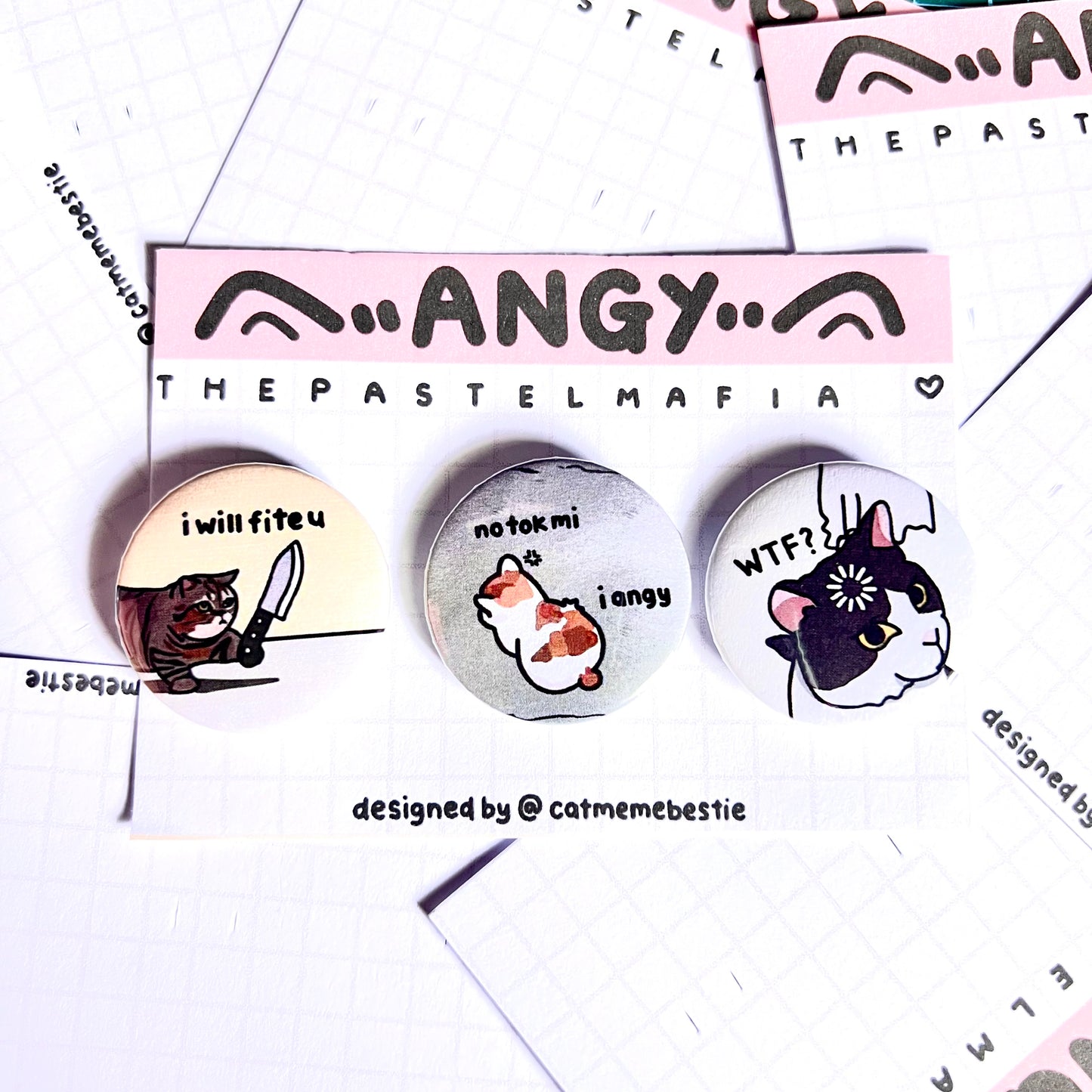 "angy" cat meme button pin set