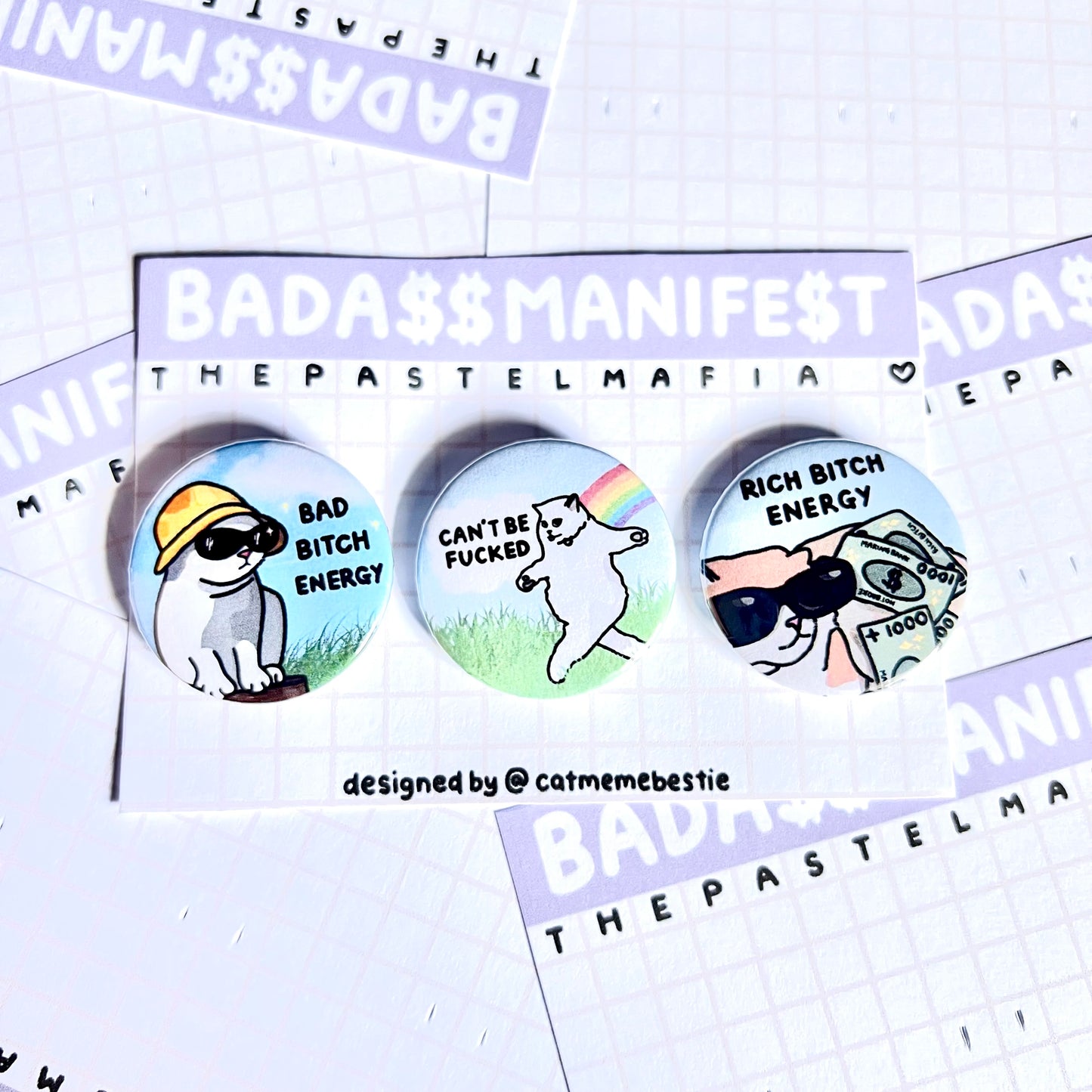 "badass manifest" cat meme button pin set