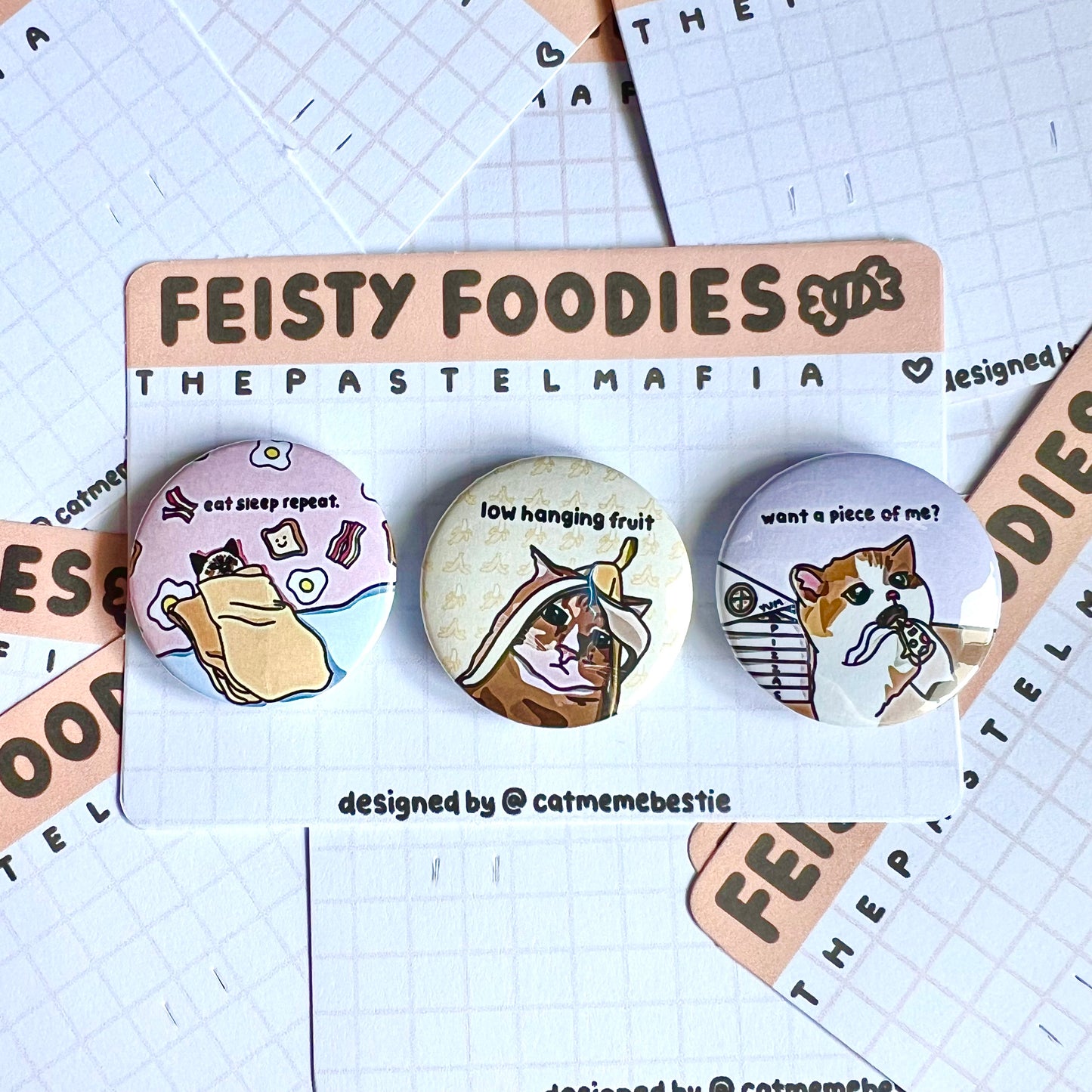 "feisty foodie" cat meme button pin set