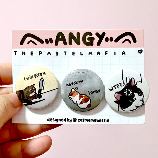 "angy" cat meme button pin set