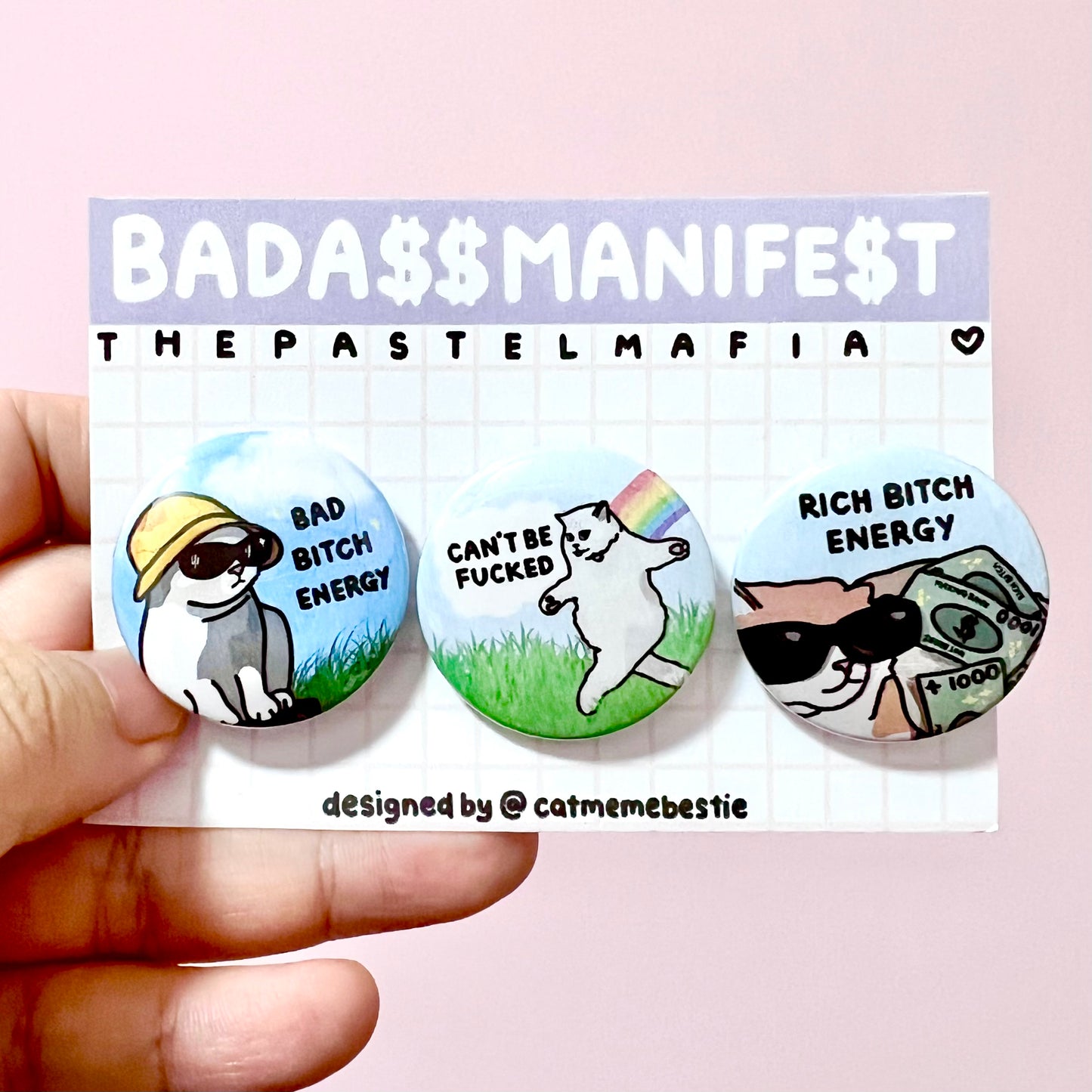 "badass manifest" cat meme button pin set