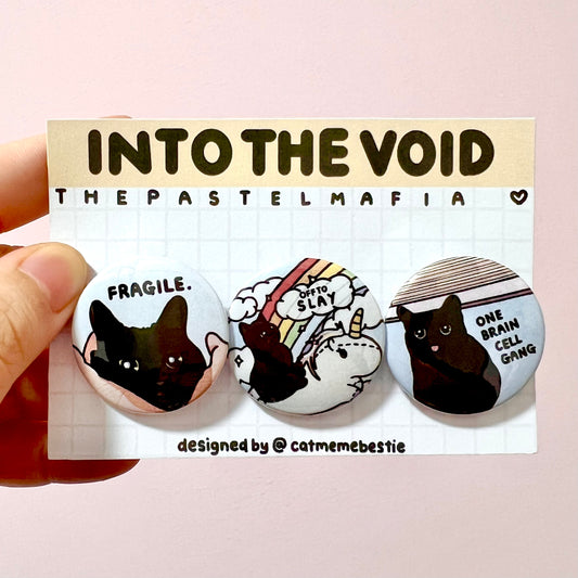 "into the void" cat meme button pin set