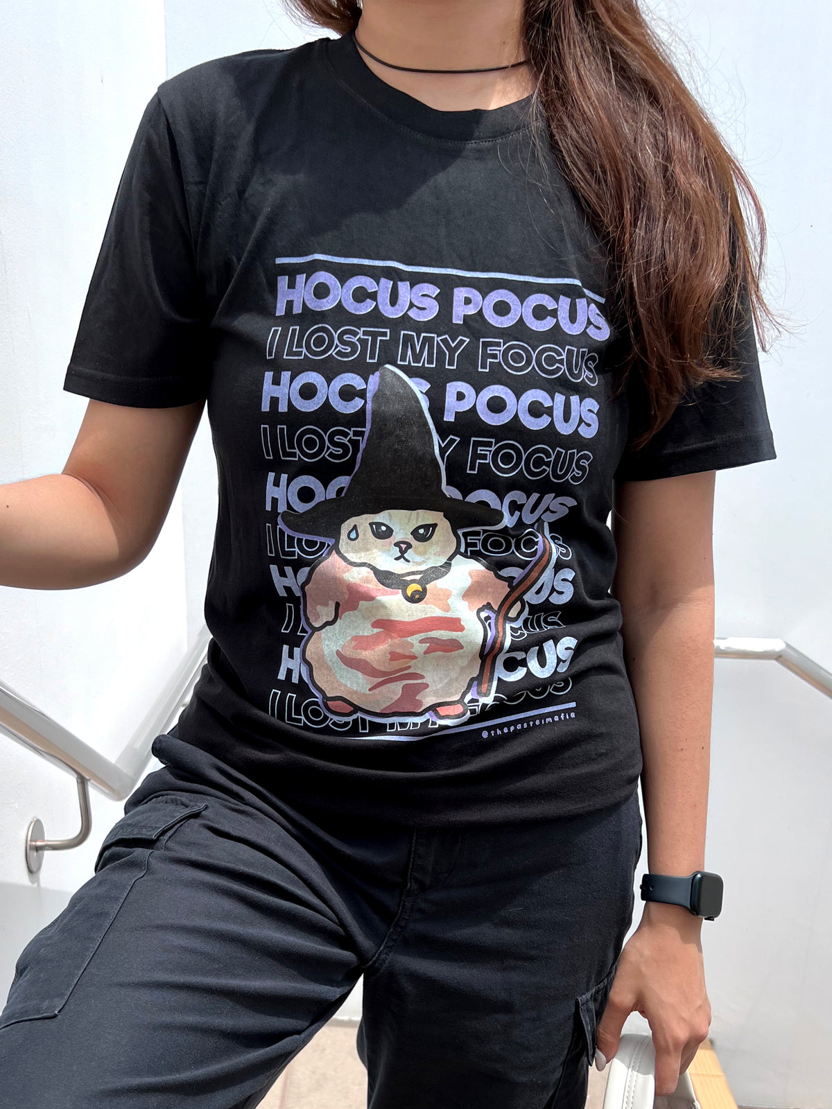 "hocus pocus i lost my focus" cat meme graphic t-shirt
