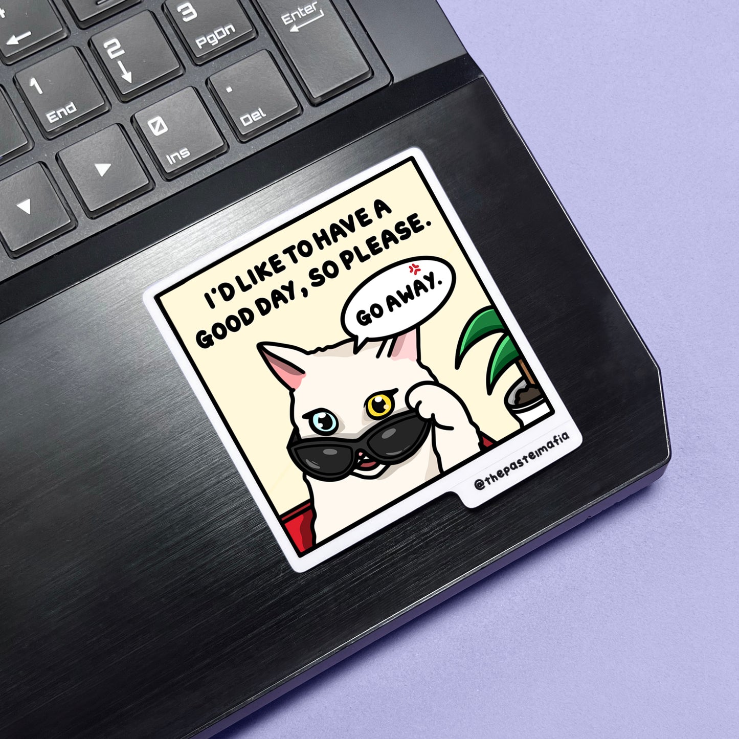 "i'd like to have a good day, so please go away" sticker