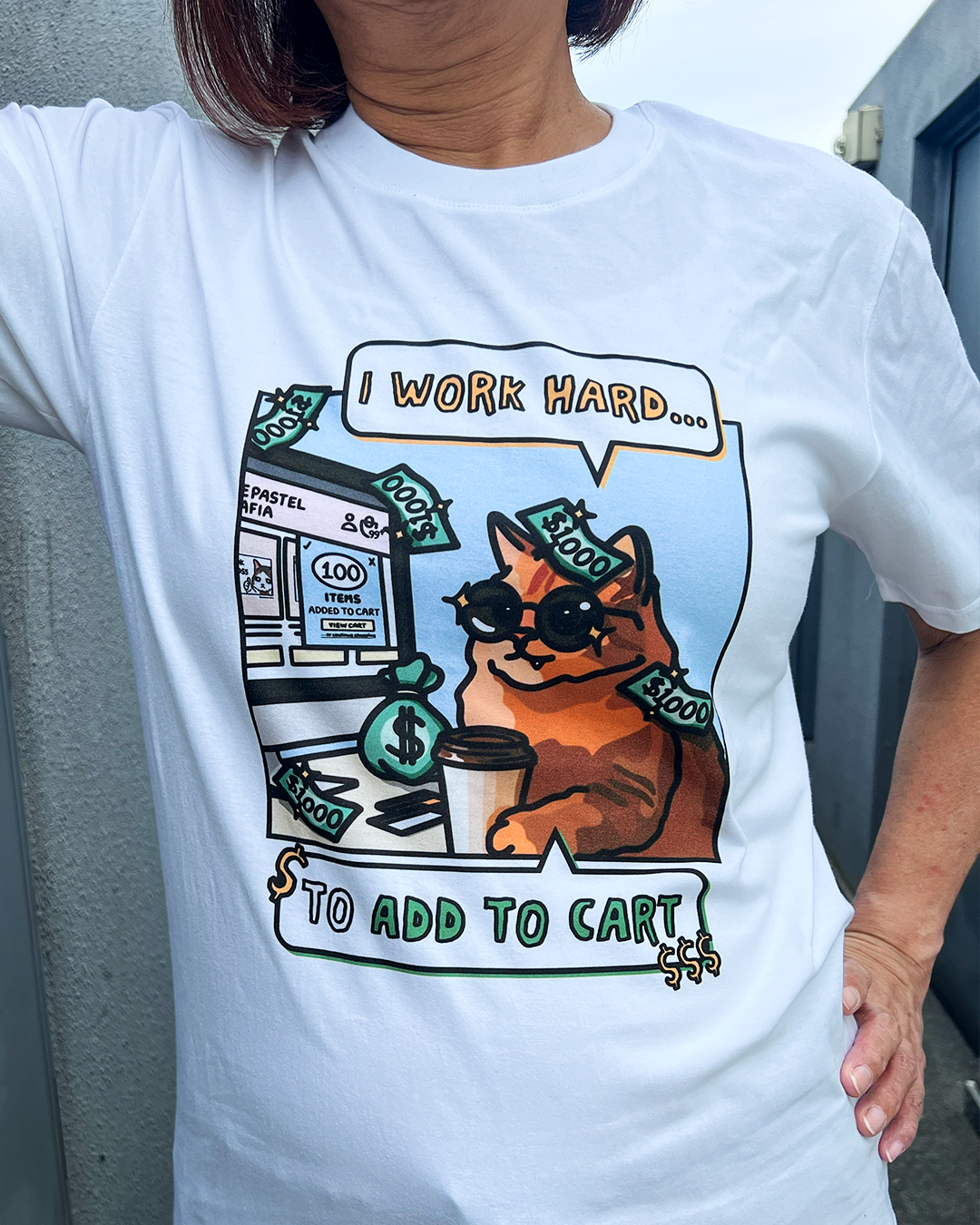 (limited) "i work hard to add to cart" cat meme graphic t-shirt