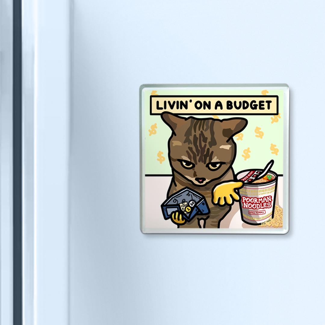 "livin' on a budget" acrylic magnet