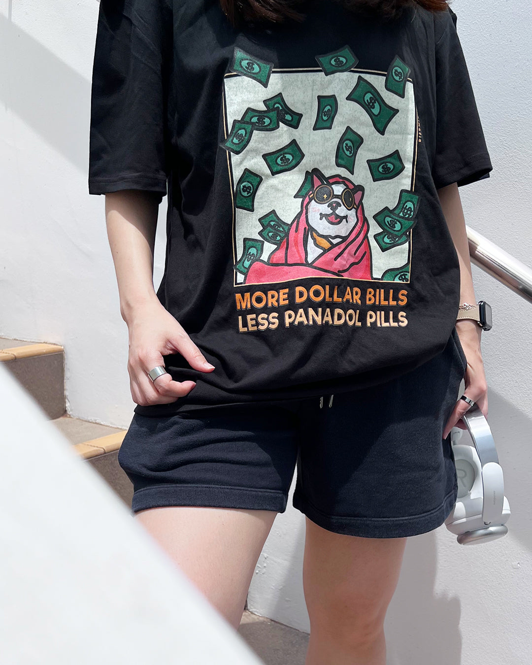 "more dollar bills less panadol pills" cat meme graphic t-shirt