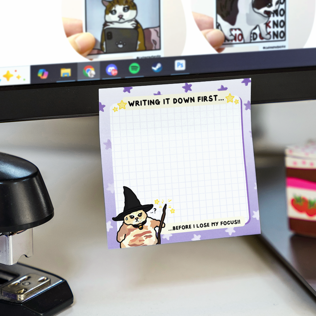 "writing it down first...before i lose my focus" sticky notes